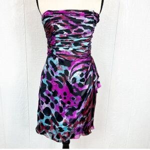 Vintage Cache Silk Strapless Cocktail Dress Cheetah Print Black Purple Pink 8